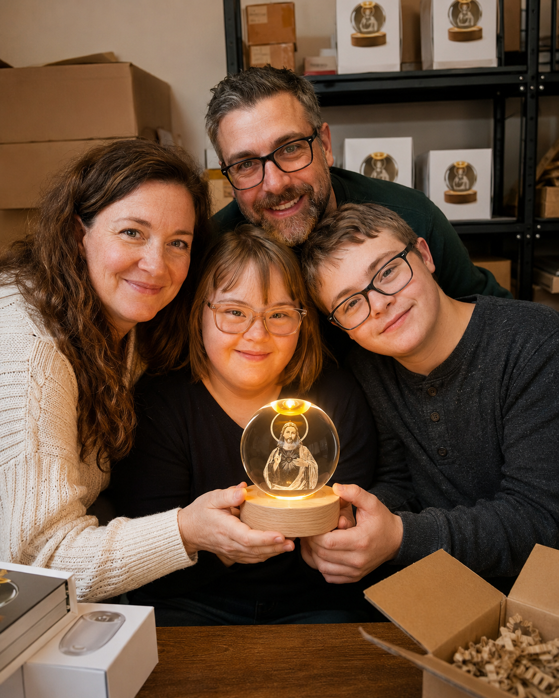 Family holding Amenia Jesus Crystal Lamp